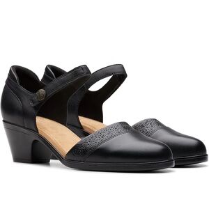 Clarks Emily Black Leather Mary Jane Low Heel with Decorative Toe